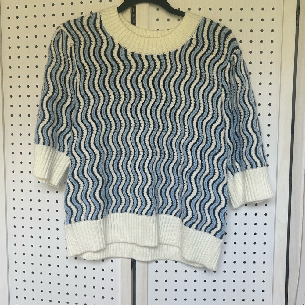 THML Wavy Knit Crewneck Sweater — Blue & White